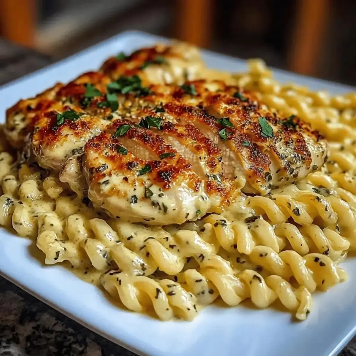 Creamy Garlic Parmesan Chicken with Cheesy Twisted Pasta 2 Chicken breasts searing until golden brown