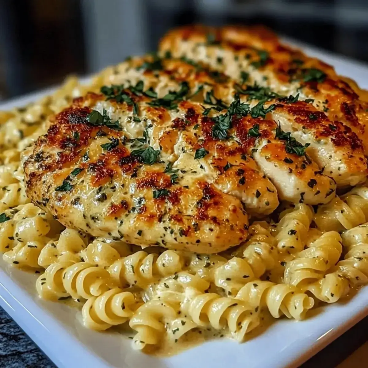 Creamy Garlic Parmesan Chicken with Cheesy Twisted Pasta 3 Golden cooked chicken resting before slicing