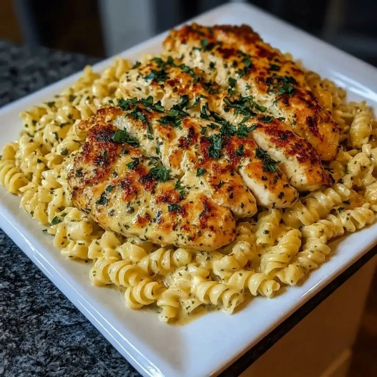 Creamy Garlic Parmesan Chicken with Cheesy Twisted Pasta 3 Rotini pasta cooking until al dente