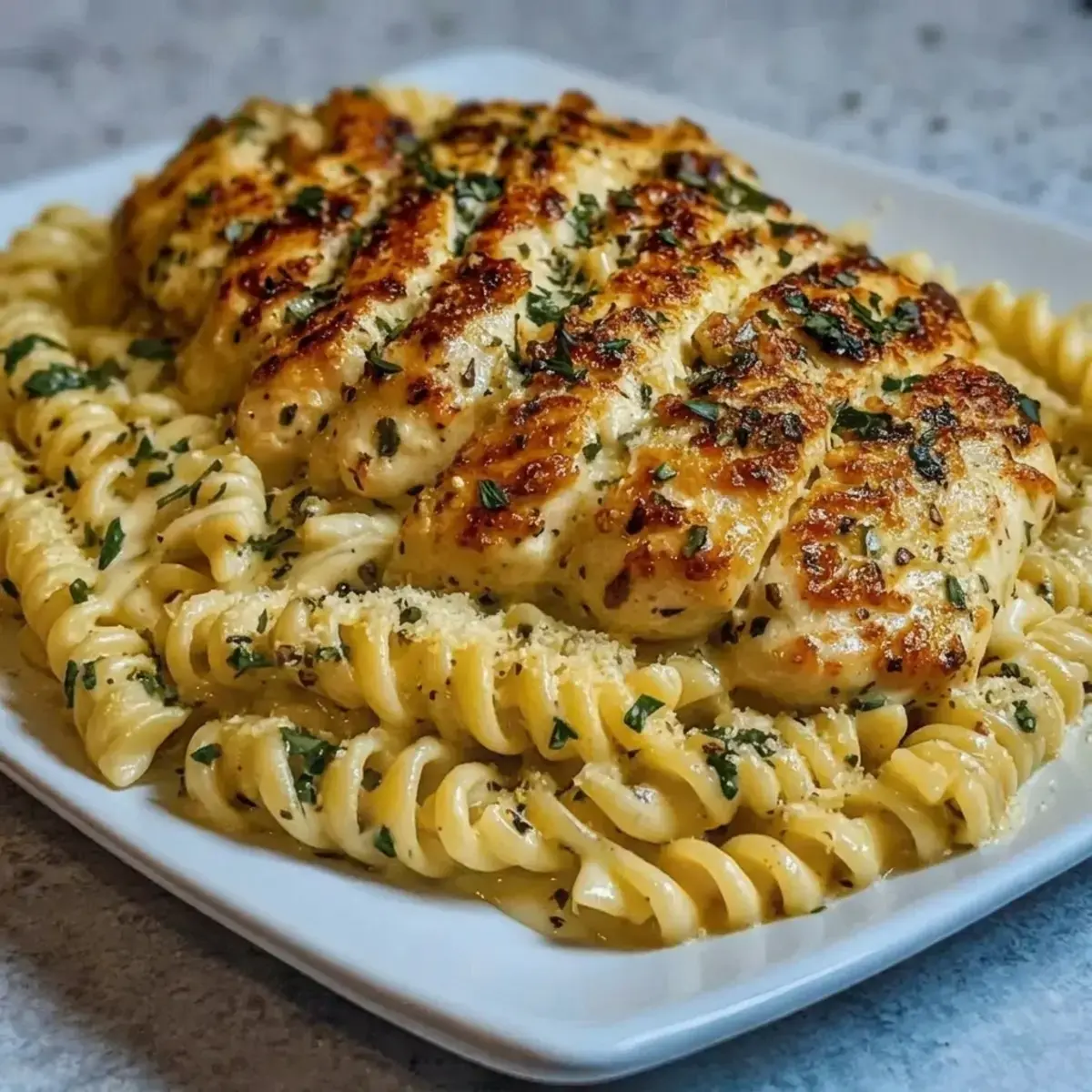 Creamy Garlic Parmesan Chicken with Cheesy Twisted Pasta 4 Rotini pasta cooking in salted water