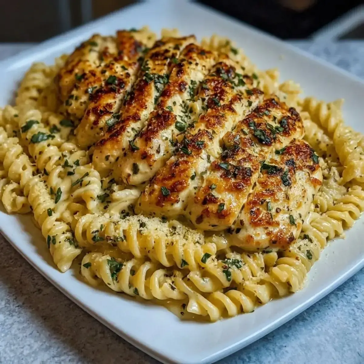 Creamy Garlic Parmesan Chicken with Cheesy Twisted Pasta 4 Minced garlic cooking briefly in butter