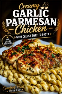 Creamy Garlic Parmesan Chicken With Cheesy Twisted Pasta