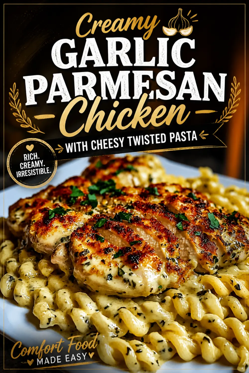 Creamy Garlic Parmesan Chicken With Cheesy Twisted Pasta