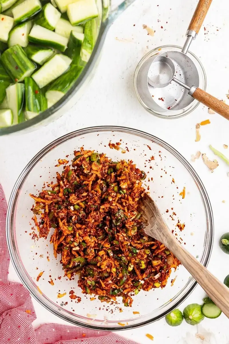 Cucumber Kimchi: Spicy, Crunchy Korean-Inspired Side 13 Hot salt brine poured over cucumber pieces