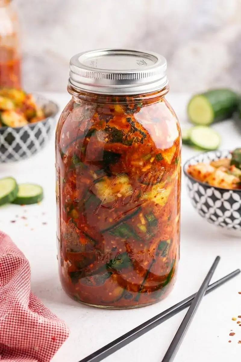 Cucumber Kimchi: Spicy, Crunchy Korean-Inspired Side 15 Cucumber kimchi stored in a clean airtight container