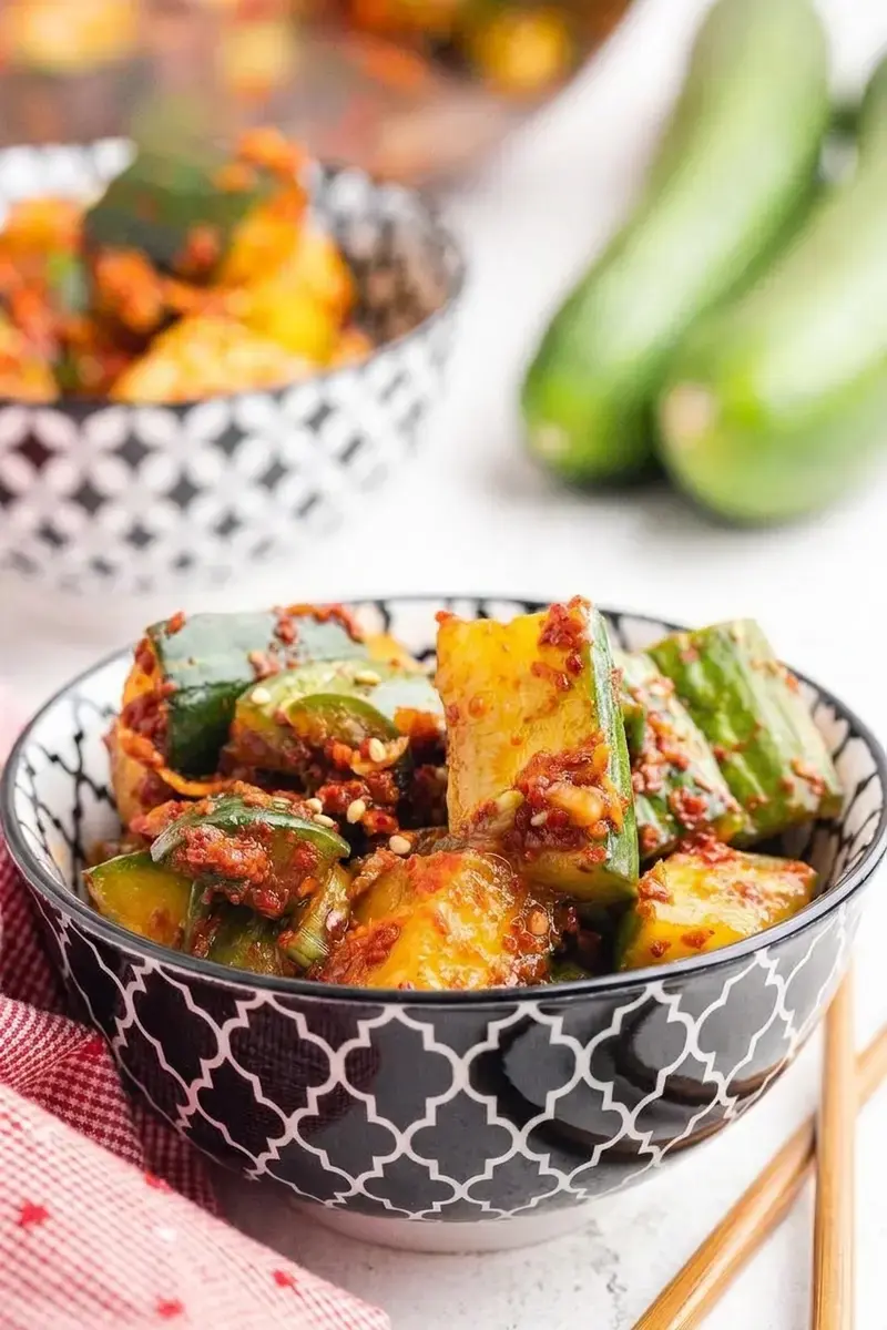 Cucumber Kimchi: Spicy, Crunchy Korean-Inspired Side 10 Spicy crunchy cucumber kimchi in a serving bowl