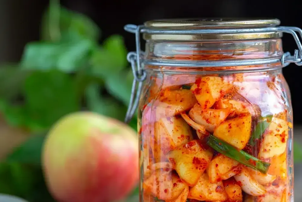 Easy Apple Kimchi: Sweet-Spicy 20-Minute Recipe 16 Fish sauce and plum syrup added to apple kimchi