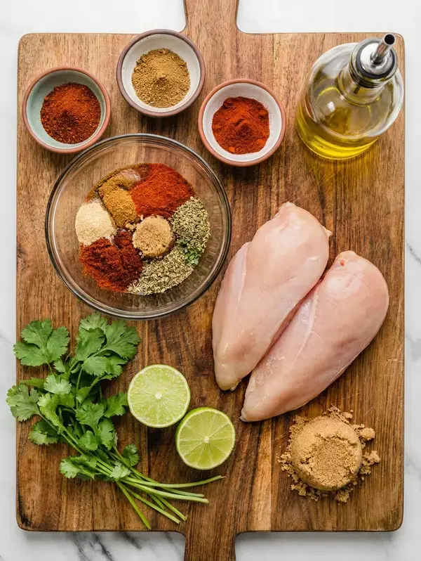 Quick & Easy Mexican Chicken Marinade 4 Measured Mexican marinade ingredients beside chicken