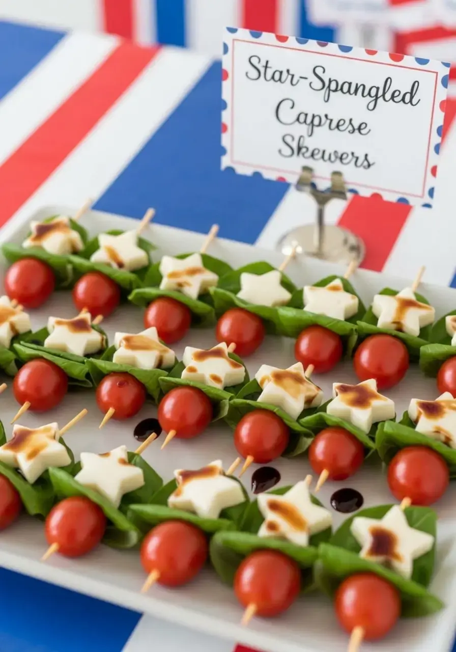 Star-shaped mozzarella caprese skewers for July Fourth