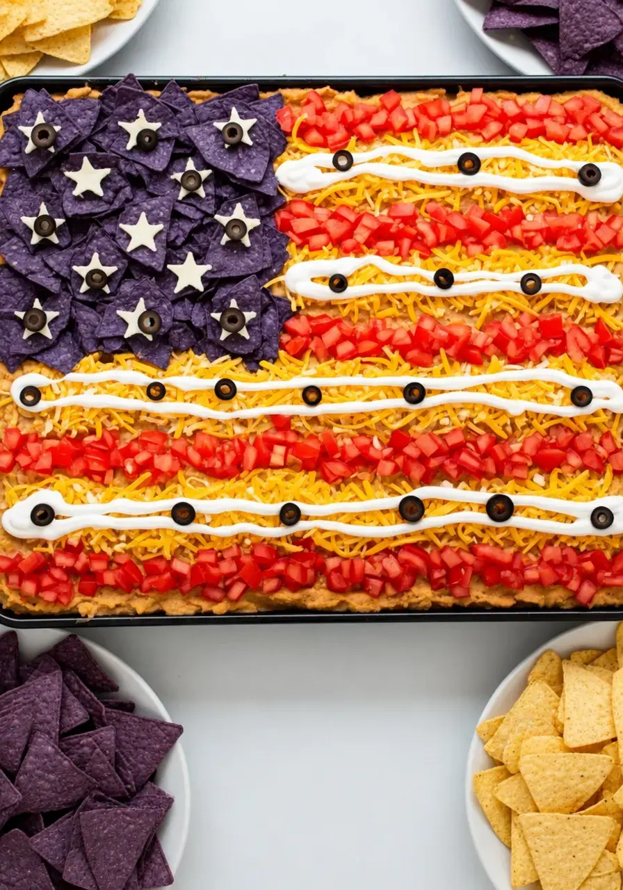 Layered taco dip arranged like an American flag