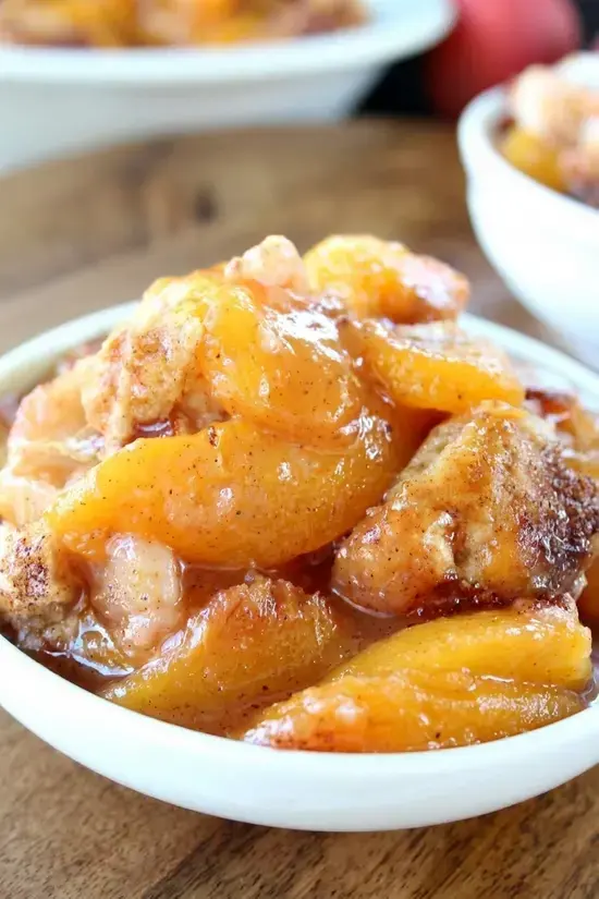 Fresh Peach Cobbler With Cinnamon-Sugar Topping 13 Fresh peach slices coated with sugar, cornstarch, and spices