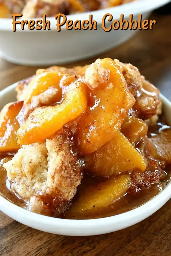 Fresh Peach Cobbler With Cinnamon-Sugar Topping 12 Fresh peach filling beneath a golden cobbler topping