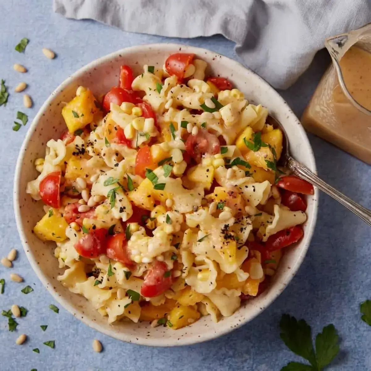 Fresh Peach Recipes That Arent Dessert But Taste Amazing 4 Peach Pasta Salad with Corn and Tomatoes