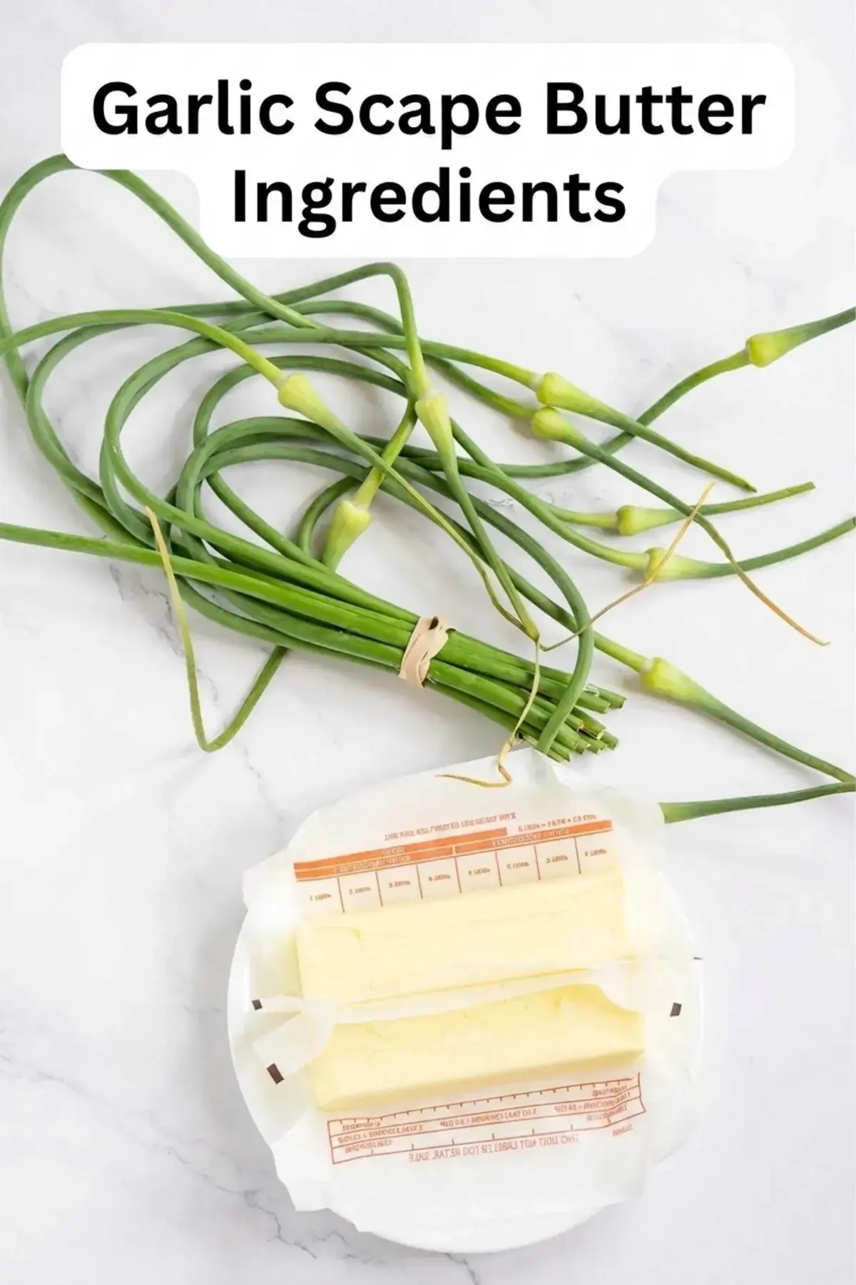 Garlic Scape Butter: Easy 2-Ingredient Compound Butter 10 Fresh garlic scapes beside softened salted butter