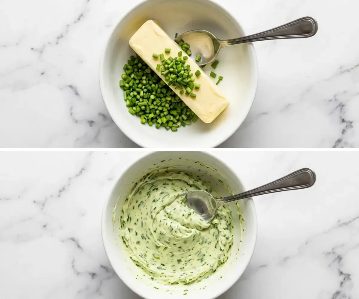 Garlic Scape Butter: Easy 2-Ingredient Compound Butter 13 Garlic scapes being mashed evenly into softened butter