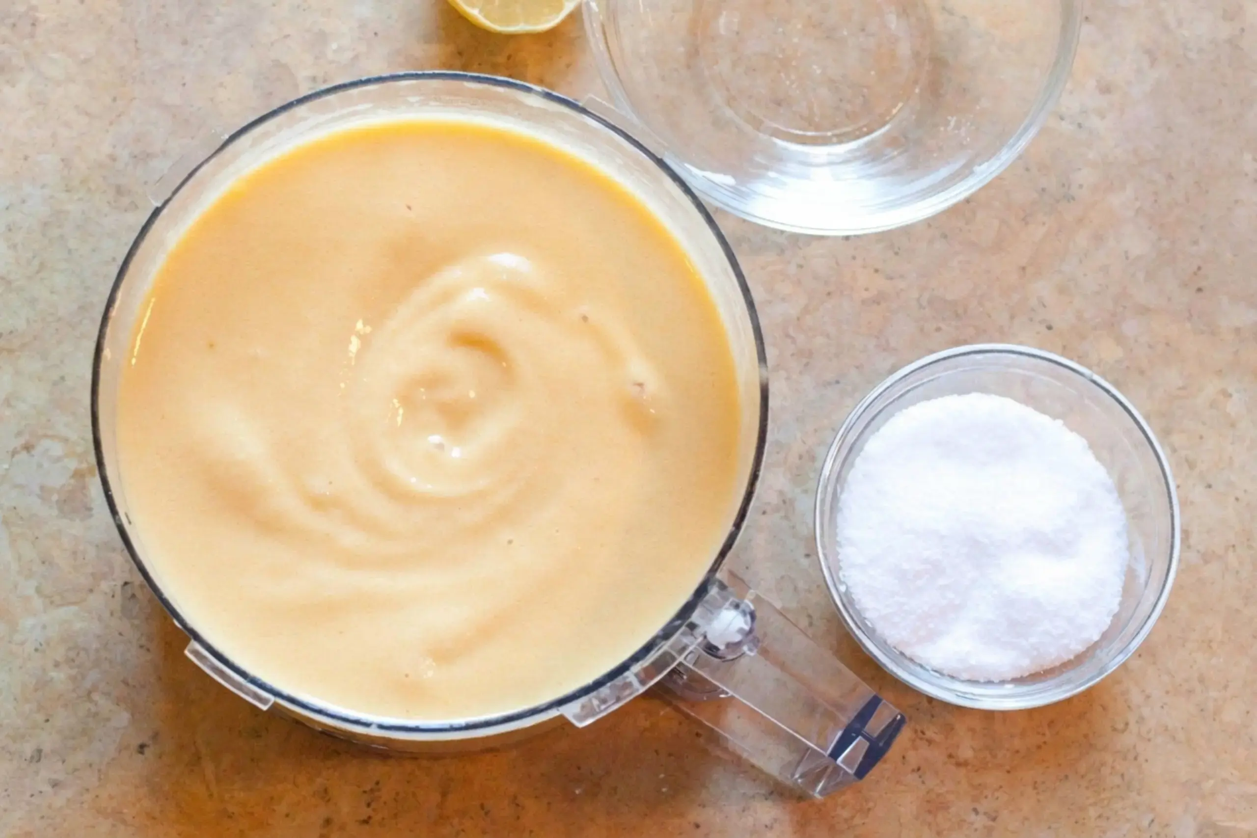 Frozen peaches blended with sugar lemon and salt