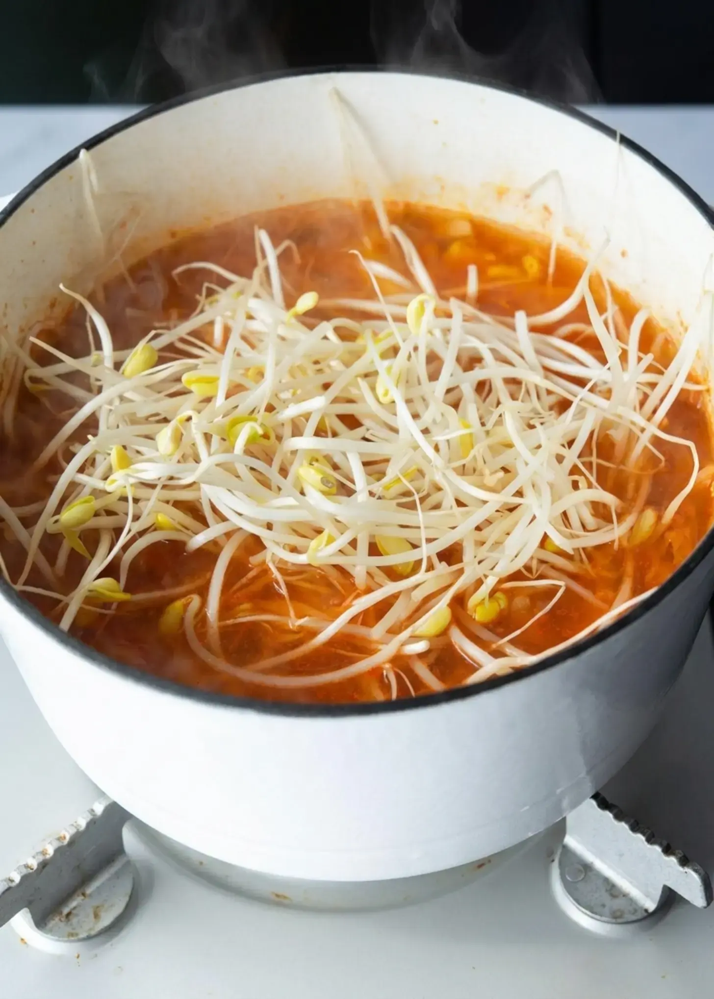Cooked soybean sprouts distributed through kimchi soup