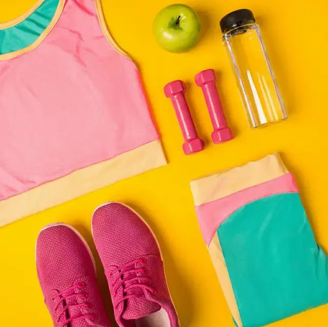 Healthy foods and activity items representing common weight loss mistakes