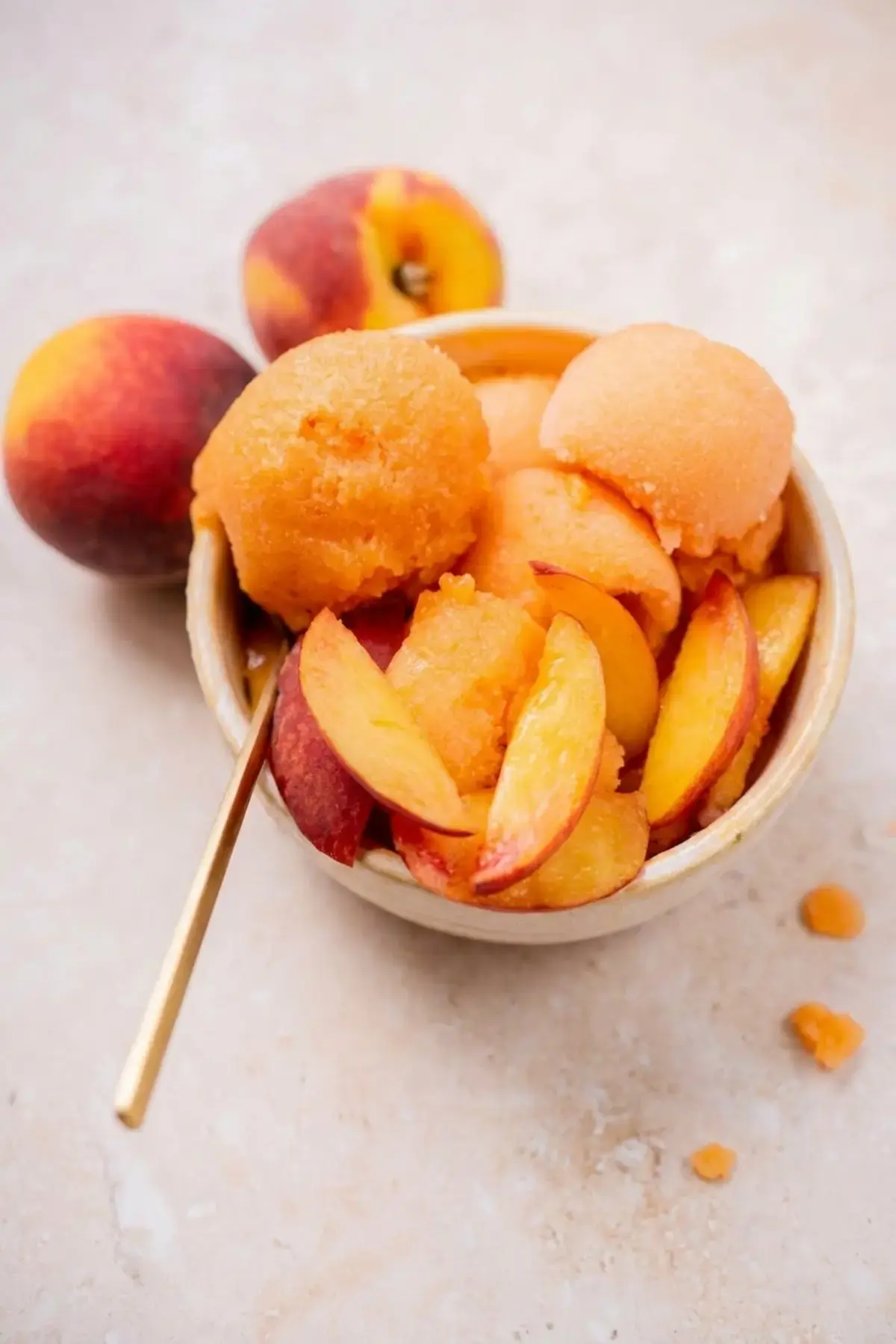 Peach sorbet resting briefly before scooping