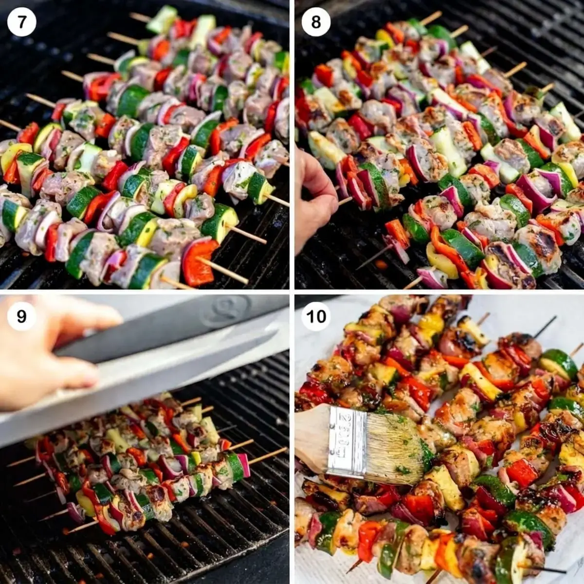 Pork Kabobs: Greek-Marinated Skewers With Vegetables 10 Pork Kabobs cooking on the grill