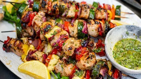 Pork Kabobs: Greek-Marinated Skewers With Vegetables 11 Grilled Pork Kabobs with colorful vegetables