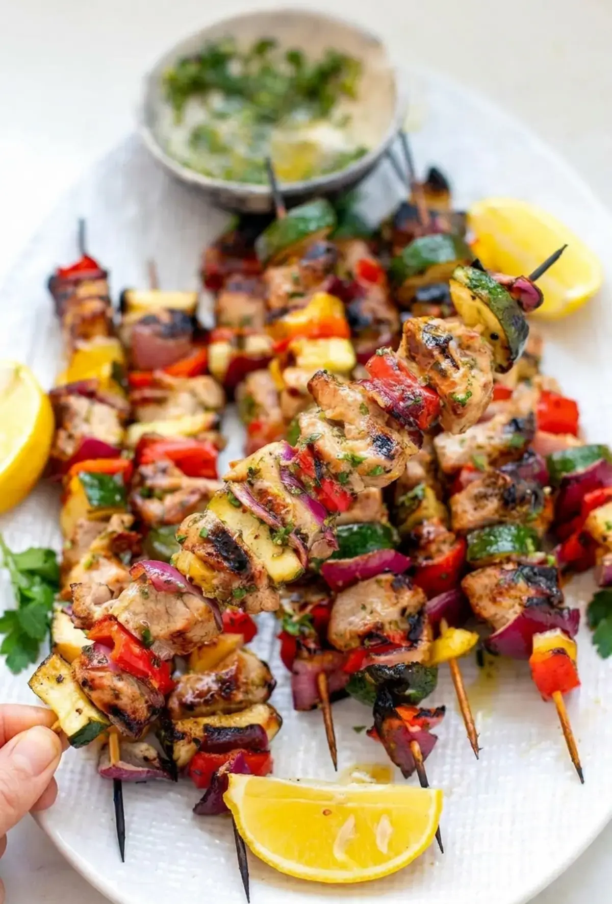 Pork Kabobs: Greek-Marinated Skewers With Vegetables 7 Greek-marinated pork and vegetable skewers