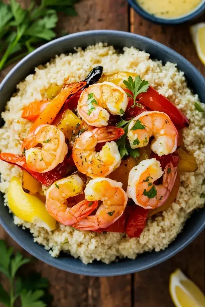 Quick Bento Box Lunches, 14. Garlic Butter Shrimp and Quinoa