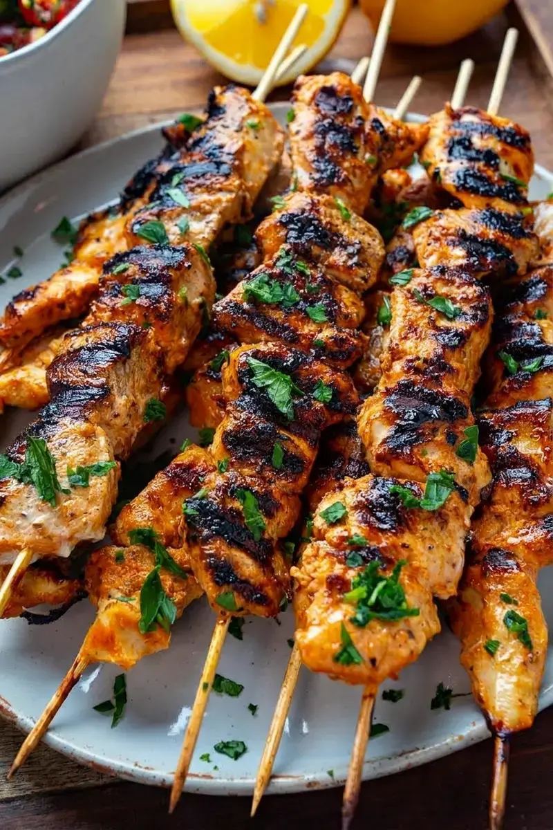 Shish Tawook: Juicy Middle Eastern Grilled Chicken Skewers 14 Shish Tawook skewers cooking on the grill
