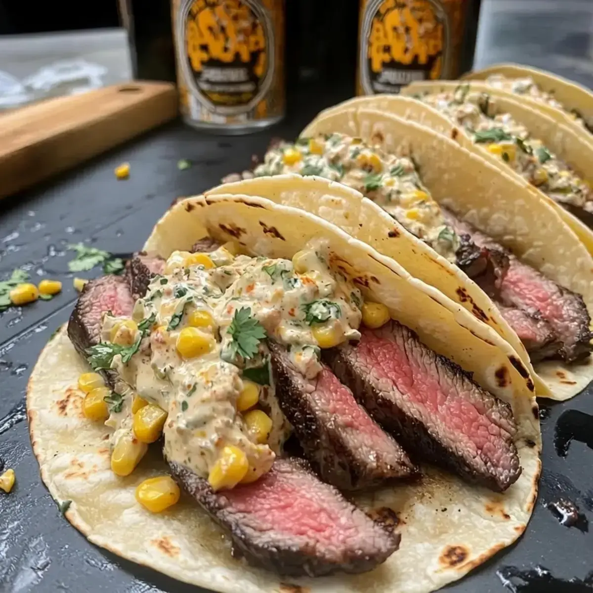 Warm tortillas filled with sliced steak and elote