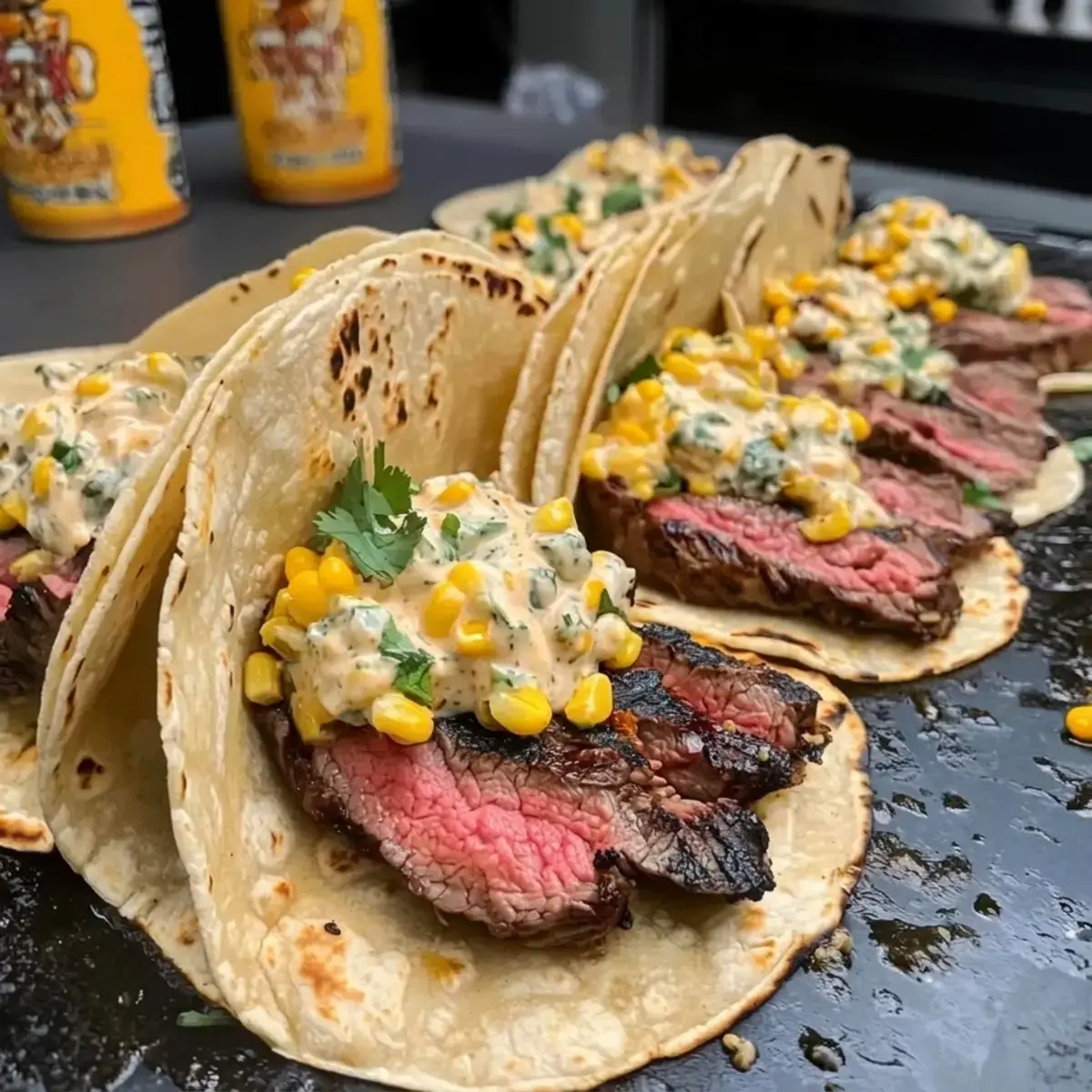 Grilled ribeye and creamy elote tacos