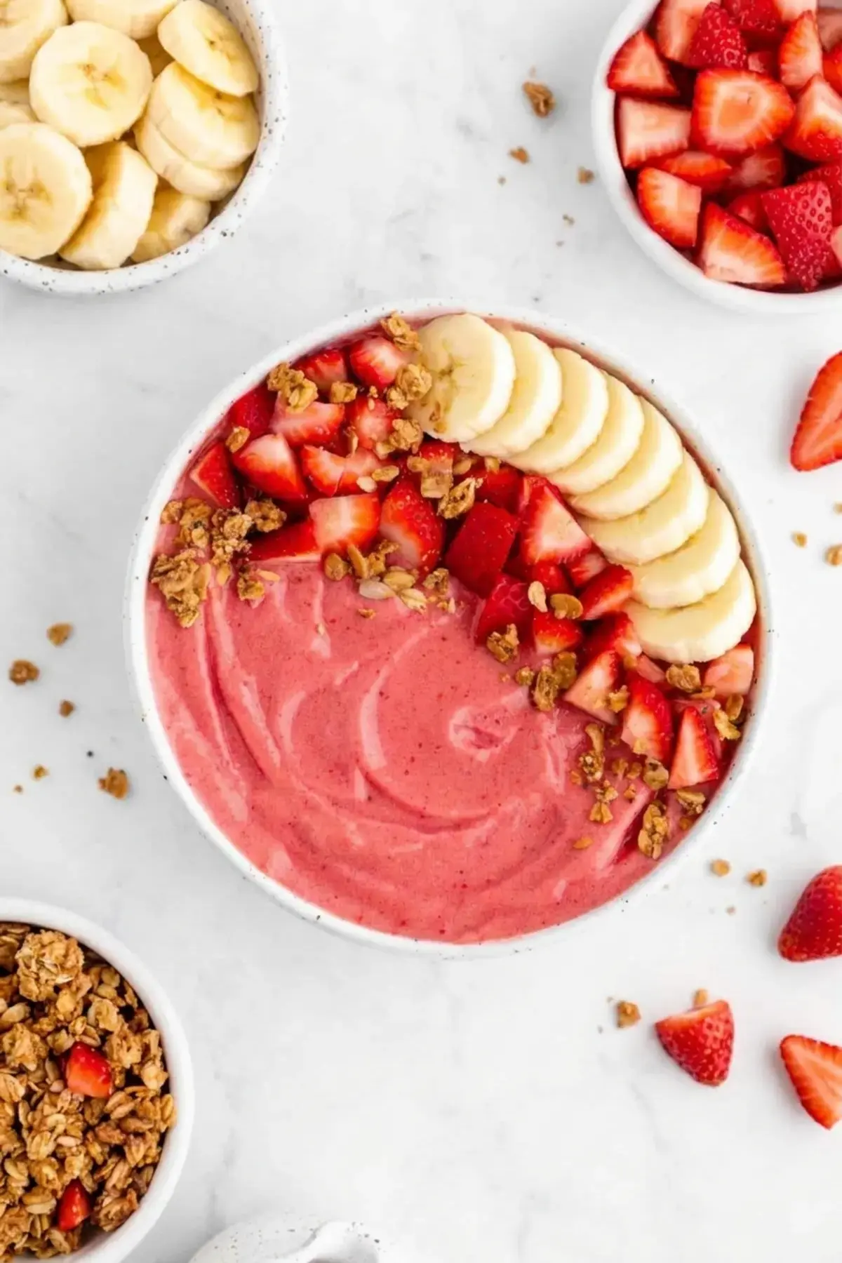 Strawberry Banana Smoothie Bowl 6 Finished strawberry banana smoothie transferred to a bowl