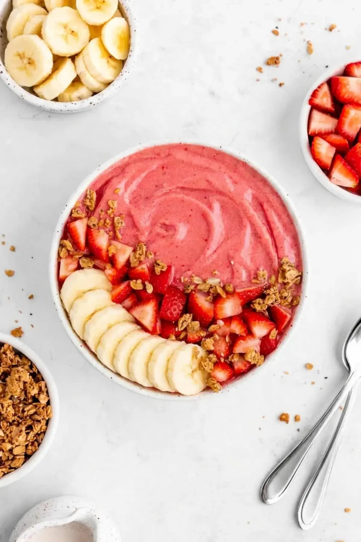 Strawberry Banana Smoothie Bowl 7 Spoon showing the thick texture of a strawberry banana smoothie bowl