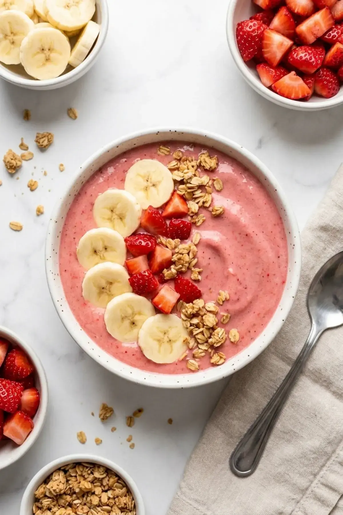 Strawberry Banana Smoothie Bowl 2 Creamy strawberry banana smoothie bowl ready to serve