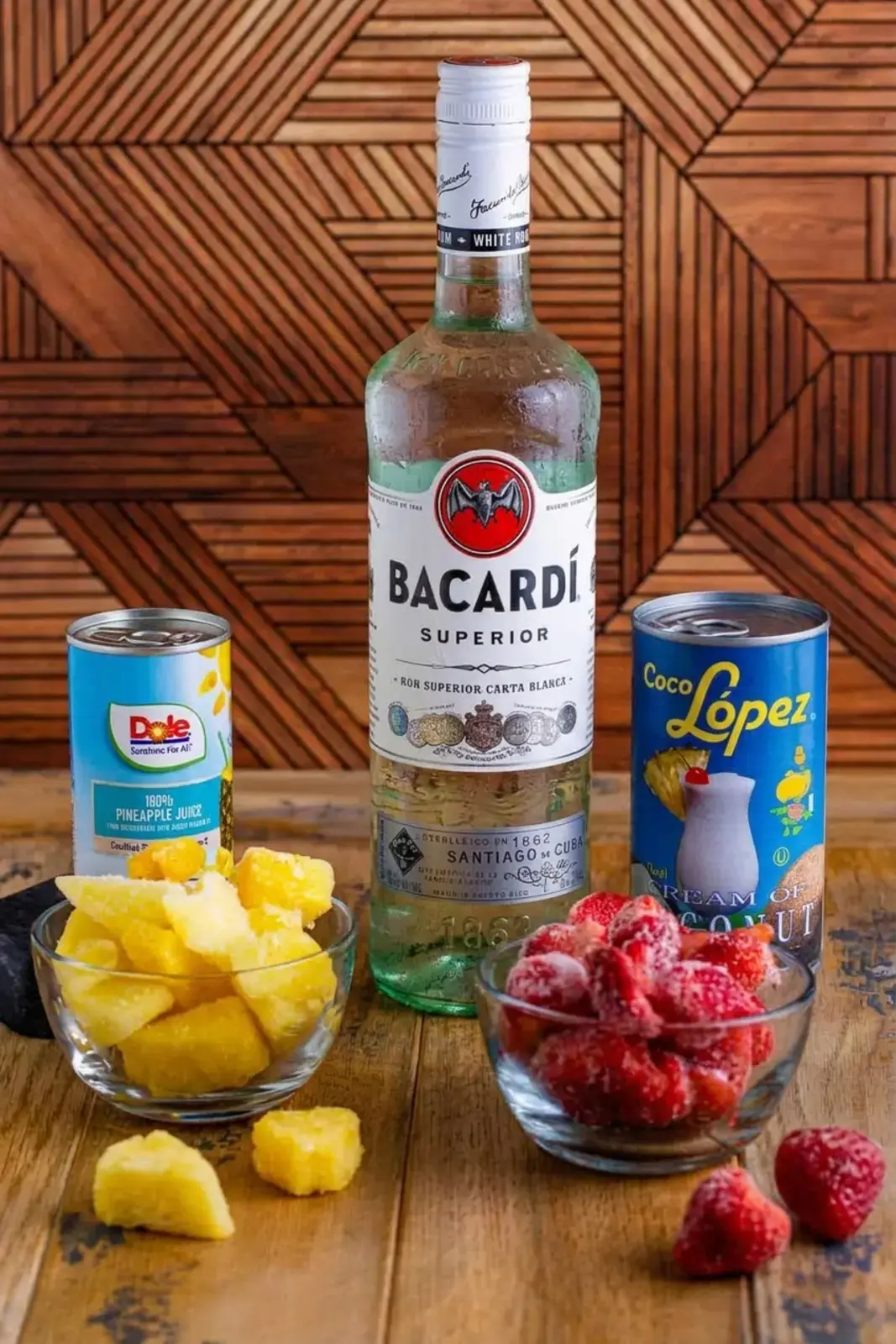 Frozen strawberries pineapple rum juice and cream of coconut
