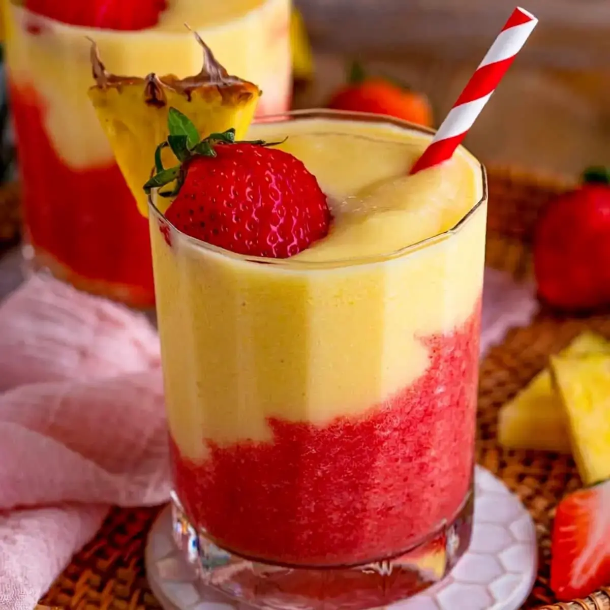 Layered frozen strawberry pina colada cocktail