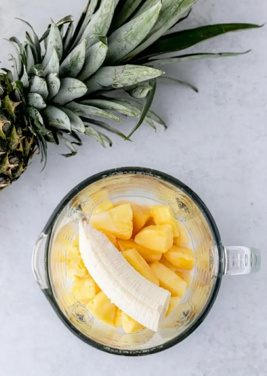 Tropical Almond Colada Smoothie With Pineapple and Coconut 3 Frozen pineapple chunks ready for blending