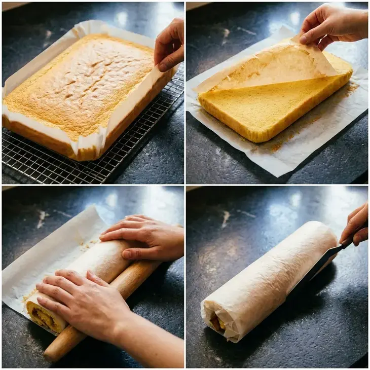 Chinese Swiss Roll, Step 6: Roll the Warm Cake