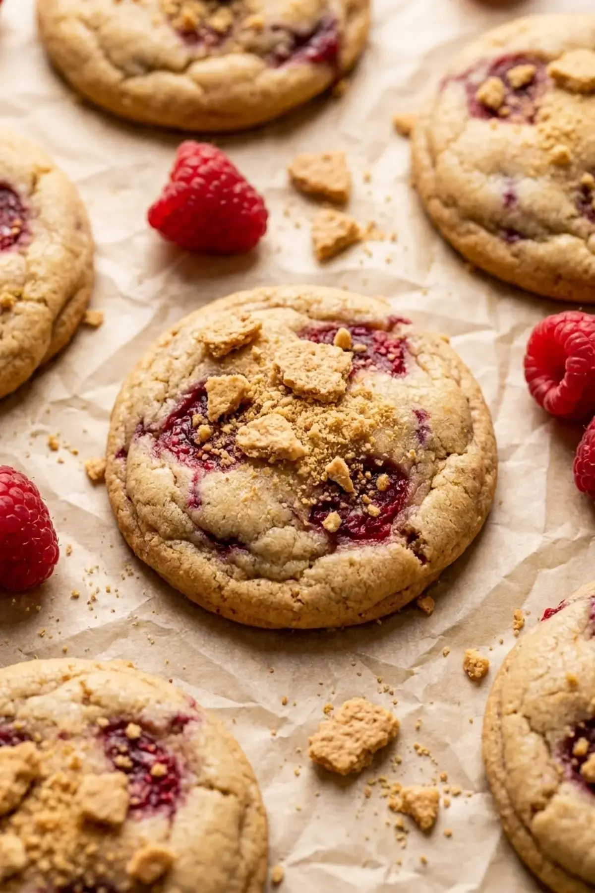 Close up of baked raspberry cheesecake cookies