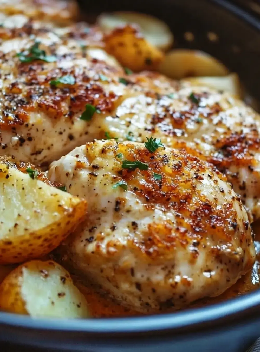 30+ Cheap Crockpot Recipes For Easy Comfort Meals, 16. Garlic Parmesan Chicken and Potatoes