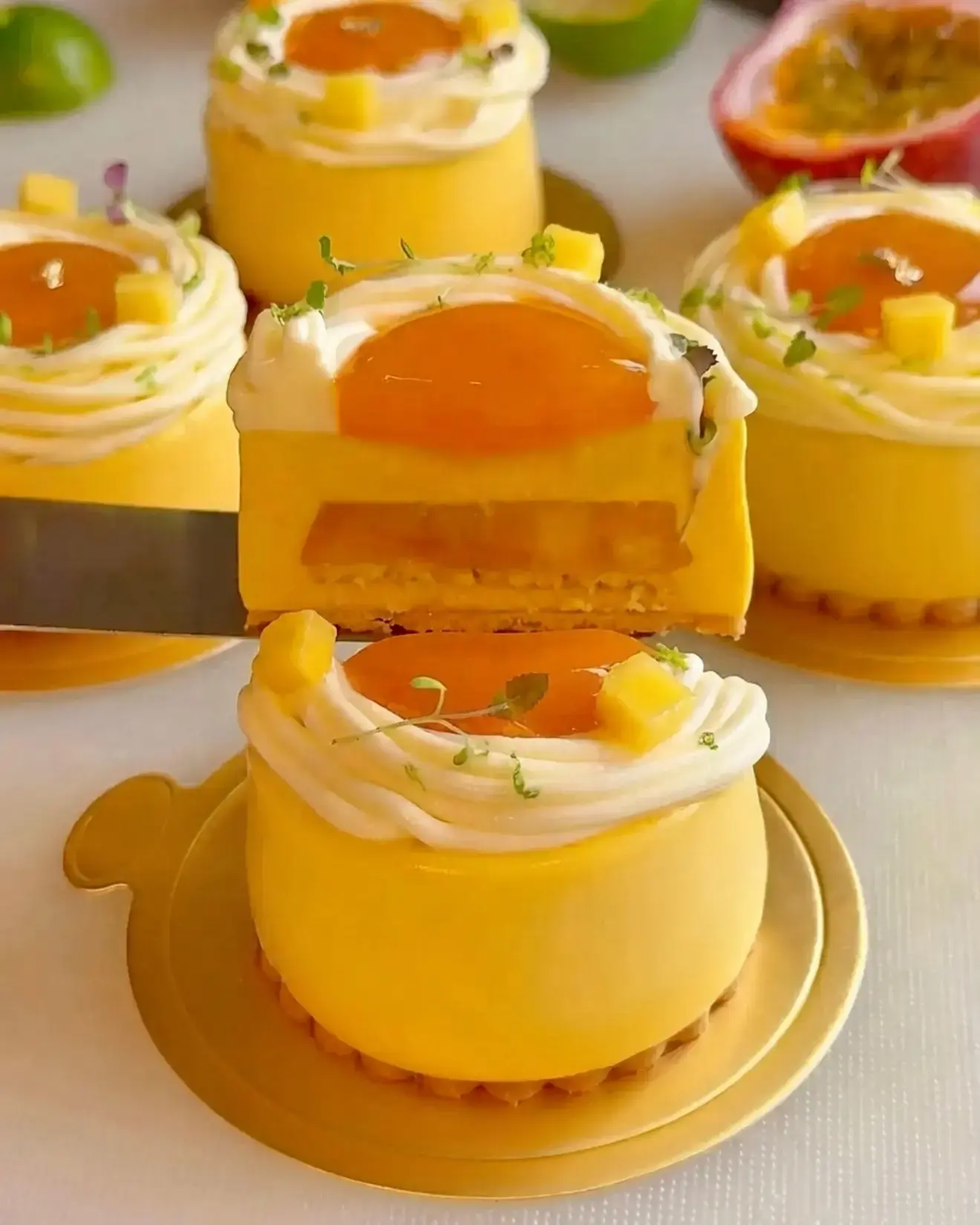 Mango Passion Fruit Coconut Entremet, With mango coconut mousse, mango passion fruit compote, vanilla sponge, passion fruit cremeux, and lime whipped ganache