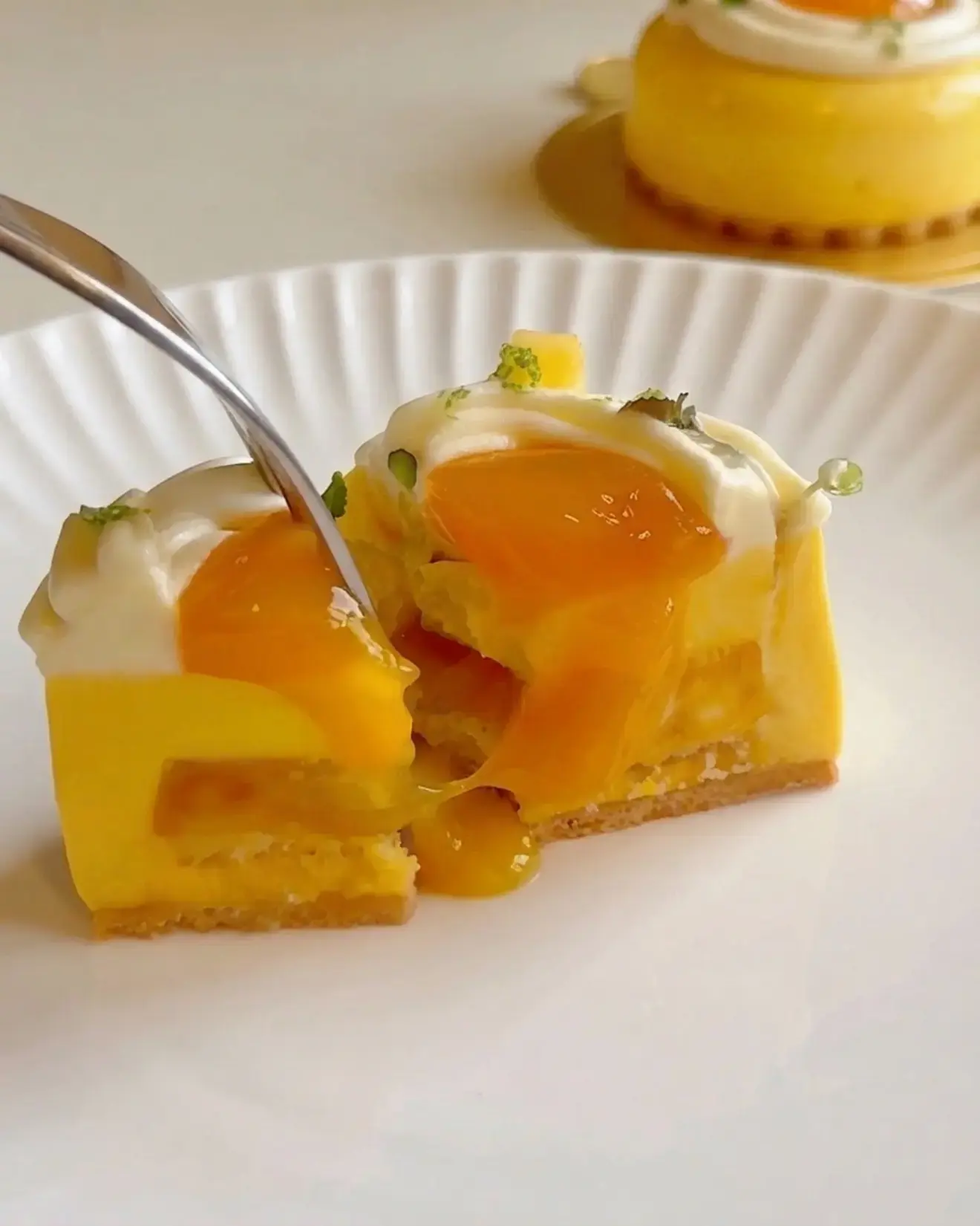 Mango Passion Fruit Coconut Entremet, With mango coconut mousse, mango passion fruit compote, vanilla sponge, passion fruit cremeux, and lime whipped ganache